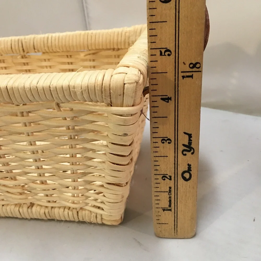 Woven Wicker Storage Basket Unisex Small Natural Tan Leather Handles Cottagecore